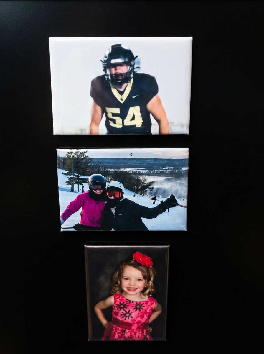 Three magnets on a fridge